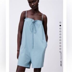 Zara Womens Light Blue/Sage Blue Sleeveless Romper with Tie Detail